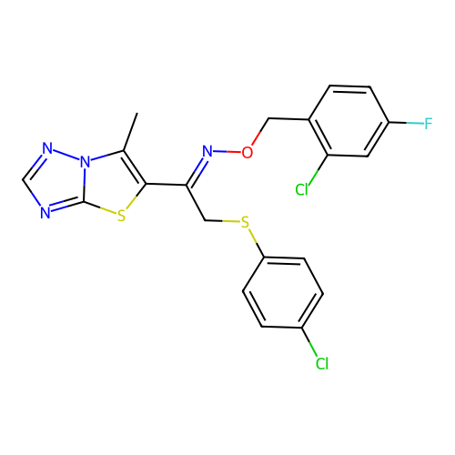 N-[(2-chloro-4-fluorophenyl)methoxy]-2-(4-chlorophenyl)sulfanyl-1-(6-methyl-[1,3]thiazolo[3,2-b][1,2,4]triazol-5-yl)ethanimine structure