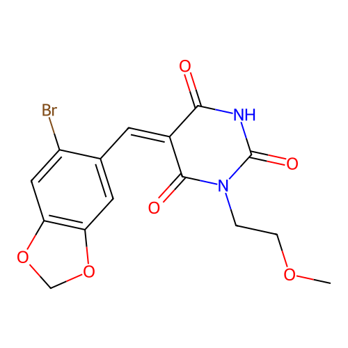 5-[(E)-(6-bromo-1,3-benzodioxol-5-yl)methylidene]-1-(2-methoxyethyl)-2,4,6(1H,3H,5H)-pyrimidinetrione structure
