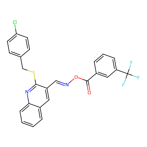 [[2-[(4-chlorophenyl)methylsulfanyl]quinolin-3-yl]methylideneamino] 3-(trifluoromethyl)benzoate structure