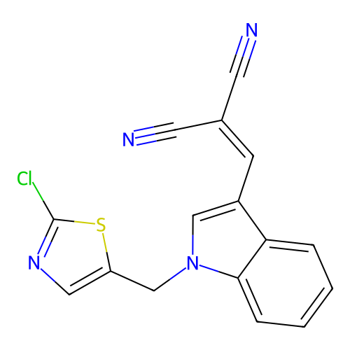 2-({1-[(2-chloro-1,3-thiazol-5-yl)methyl]-1H-indol-3-yl}methylene)malononitrile structure