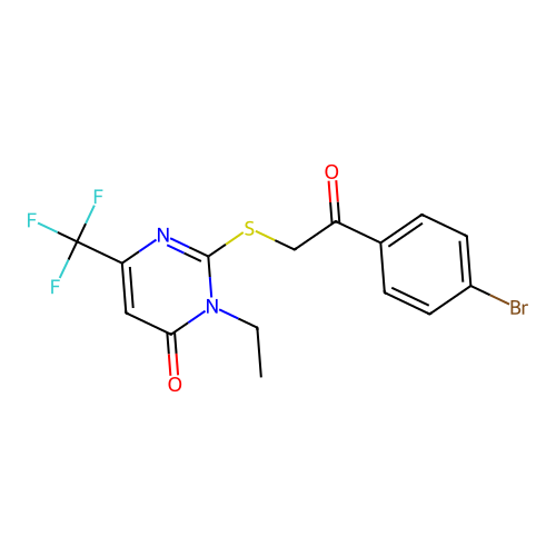 2-{[2-(4-bromophenyl)-2-oxoethyl]sulfanyl}-3-ethyl-6-(trifluoromethyl)-4(3H)-pyrimidinone structure