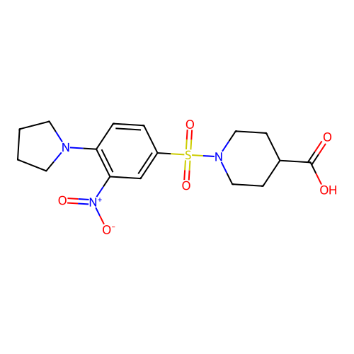 1-{[3-Nitro-4-(1-pyrrolidinyl)phenyl]sulfonyl}-4-piperidinecarboxylic acid structure