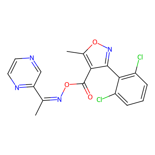 (1-pyrazin-2-ylethylideneamino) 3-(2,6-dichlorophenyl)-5-methyl-1,2-oxazole-4-carboxylate structure
