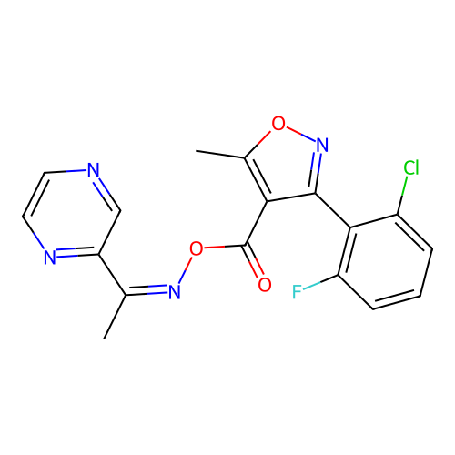 (1-pyrazin-2-ylethylideneamino) 3-(2-chloro-6-fluorophenyl)-5-methyl-1,2-oxazole-4-carboxylate structure
