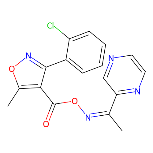 (1-pyrazin-2-ylethylideneamino) 3-(2-chlorophenyl)-5-methyl-1,2-oxazole-4-carboxylate structure