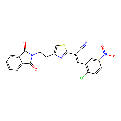 (E)-3-(2-chloro-5-nitrophenyl)-2-{4-[2-(1,3-dioxo-1,3-dihydro-2H-isoindol-2-yl)ethyl]-1,3-thiazol-2-yl}-2-propenenitrile structure