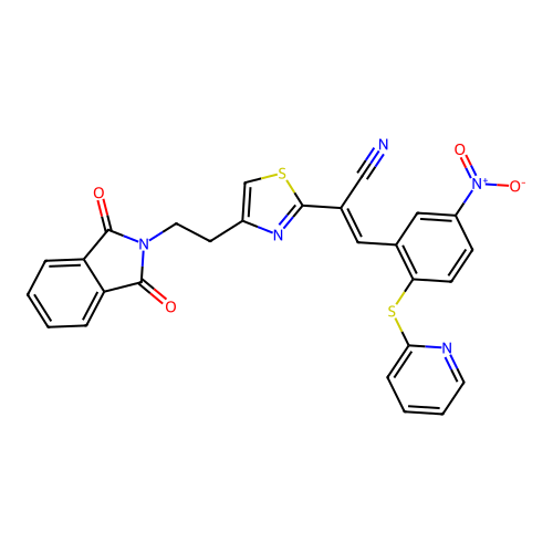 2-[4-[2-(1,3-dioxoisoindol-2-yl)ethyl]-1,3-thiazol-2-yl]-3-(5-nitro-2-pyridin-2-ylsulfanylphenyl)prop-2-enenitrile structure