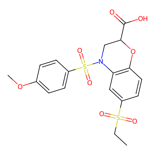 6-(ethylsulfonyl)-4-[(4-methoxyphenyl)sulfonyl]-3,4-dihydro-2H-1,4-benzoxazine-2-carboxylic acid structure