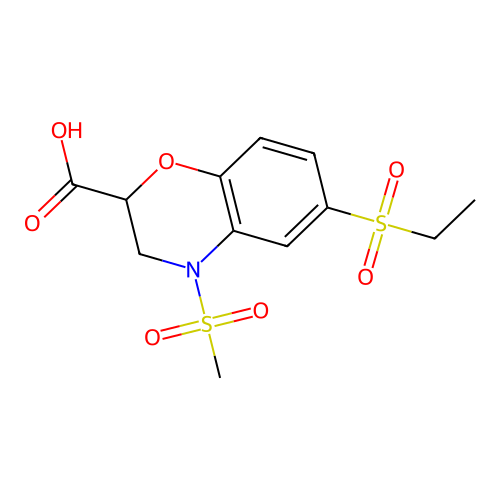 6-(ethylsulfonyl)-4-(methylsulfonyl)-3,4-dihydro-2H-1,4-benzoxazine-2-carboxylic acid structure