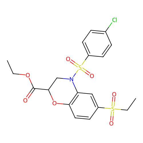 ethyl 4-[(4-chlorophenyl)sulfonyl]-6-(ethylsulfonyl)-3,4-dihydro-2H-1,4-benzoxazine-2-carboxylate structure