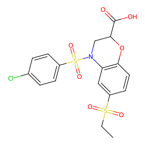 4-[(4-chlorophenyl)sulfonyl]-6-(ethylsulfonyl)-3,4-dihydro-2H-1,4-benzoxazine-2-carboxylic acid structure