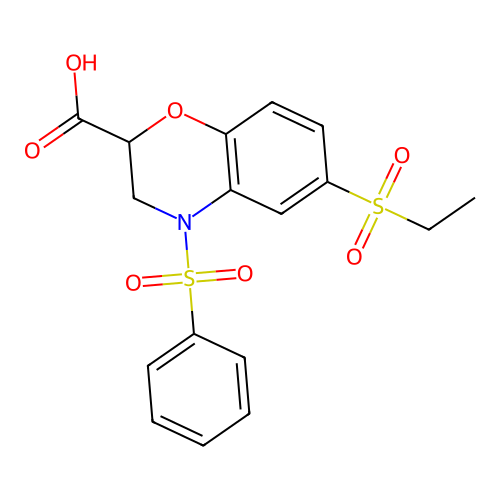 6-(ethylsulfonyl)-4-(phenylsulfonyl)-3,4-dihydro-2H-1,4-benzoxazine-2-carboxylic acid structure