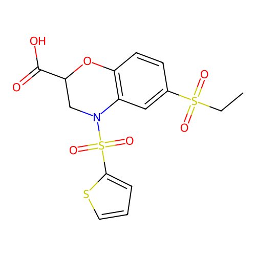 6-(ethylsulfonyl)-4-(2-thienylsulfonyl)-3,4-dihydro-2H-1,4-benzoxazine-2-carboxylic acid structure