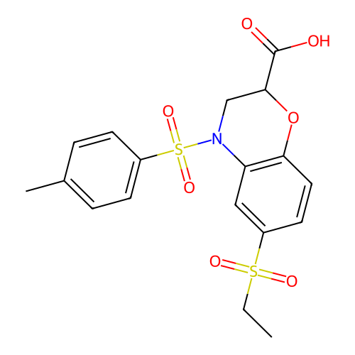 6-(ethylsulfonyl)-4-[(4-methylphenyl)sulfonyl]-3,4-dihydro-2H-1,4-benzoxazine-2-carboxylic acid structure