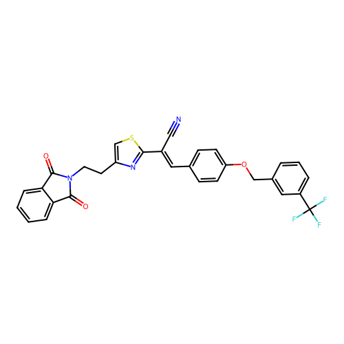 (E)-2-{4-[2-(1,3-dioxo-1,3-dihydro-2H-isoindol-2-yl)ethyl]-1,3-thiazol-2-yl}-3-(4-{[3-(trifluoromethyl)benzyl]oxy}phenyl)-2-propenenitrile structure