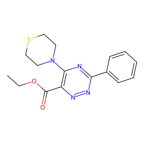 Ethyl 3-phenyl-5-(1,4-thiazinan-4-yl)-1,2,4-triazine-6-carboxylate structure