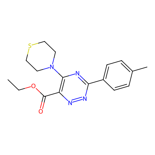 Ethyl 3-(4-methylphenyl)-5-(1,4-thiazinan-4-yl)-1,2,4-triazine-6-carboxylate structure