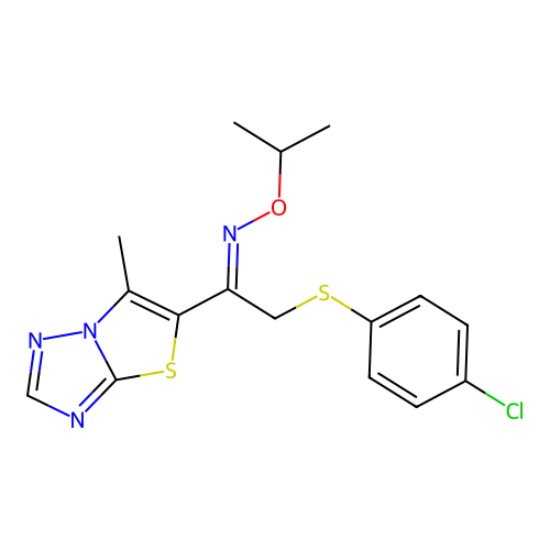 2-(4-chlorophenyl)sulfanyl-1-(6-methyl-[1,3]thiazolo[3,2-b][1,2,4]triazol-5-yl)-N-propan-2-yloxyethanimine structure