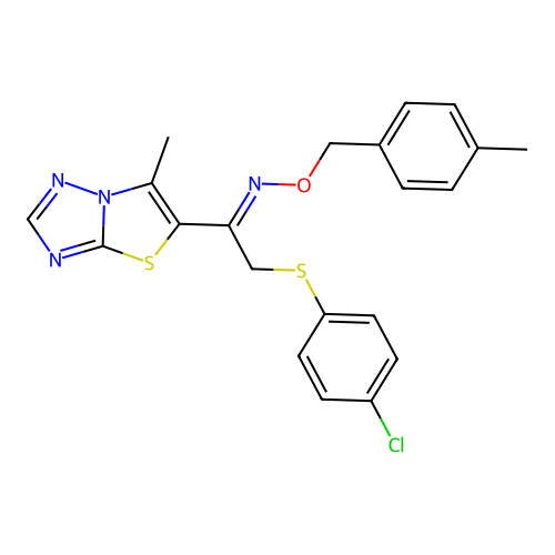 {2-[(4-chlorophenyl)sulfanyl]-1-{6-methyl-[1,2,4]triazolo[3,2-b][1,3]thiazol-5-yl}ethylidene}[(4-methylphenyl)methoxy]amine structure