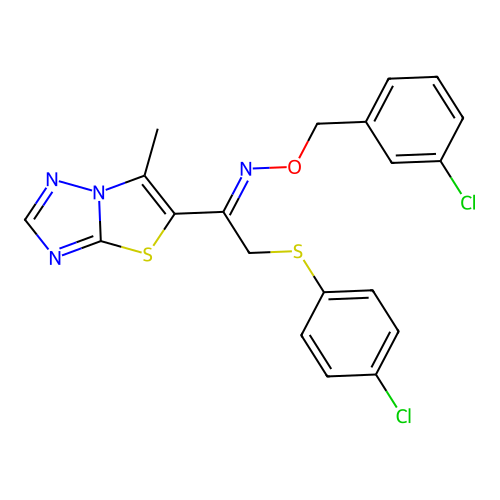 N-[(3-chlorophenyl)methoxy]-2-(4-chlorophenyl)sulfanyl-1-(6-methyl-[1,3]thiazolo[3,2-b][1,2,4]triazol-5-yl)ethanimine structure