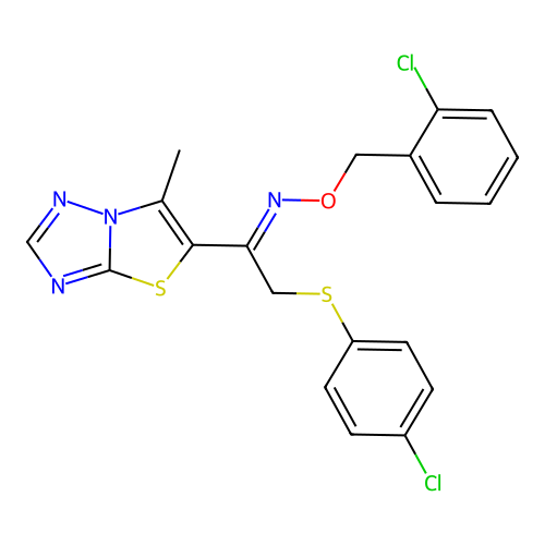 2-[(4-chlorophenyl)sulfanyl]-1-(6-methyl[1,3]thiazolo[3,2-b][1,2,4]triazol-5-yl)-1-ethanone O-(2-chlorobenzyl)oxime structure
