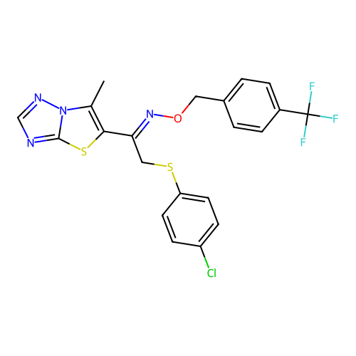 2-(4-chlorophenyl)sulfanyl-1-(6-methyl-[1,3]thiazolo[3,2-b][1,2,4]triazol-5-yl)-N-[[4-(trifluoromethyl)phenyl]methoxy]ethanimine structure