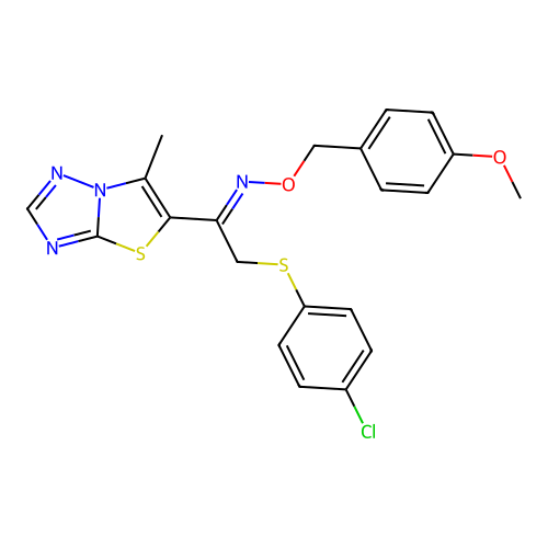 {2-[(4-chlorophenyl)sulfanyl]-1-{6-methyl-[1,2,4]triazolo[3,2-b][1,3]thiazol-5-yl}ethylidene}[(4-methoxyphenyl)methoxy]amine structure