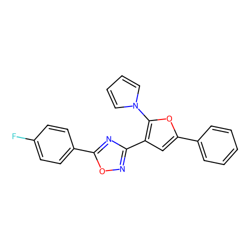 5-(4-fluorophenyl)-3-[5-phenyl-2-(1H-pyrrol-1-yl)-3-furyl]-1,2,4-oxadiazole structure