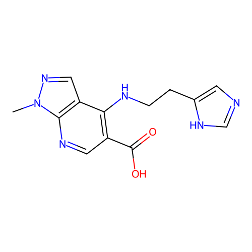 4-{[2-(1H-imidazol-4-yl)ethyl]amino}-1-methyl-1H-pyrazolo[3,4-b]pyridine-5-carboxylic acid structure