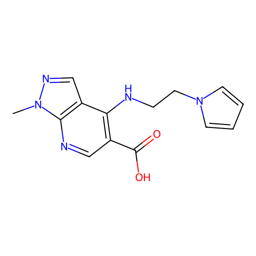 1-methyl-4-{[2-(1H-pyrrol-1-yl)ethyl]amino}-1H-pyrazolo[3,4-b]pyridine-5-carboxylic acid structure