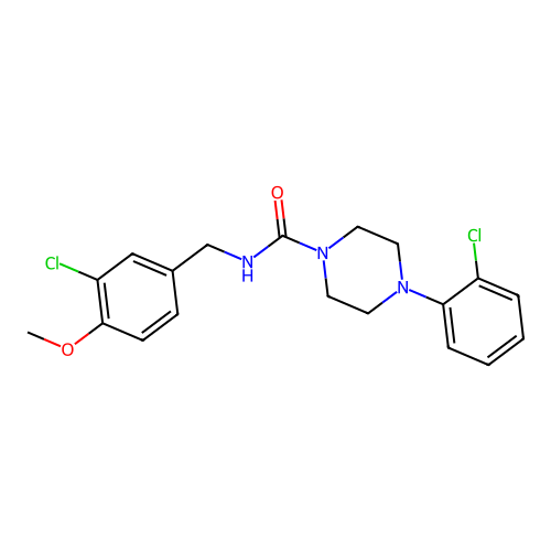 N-(3-chloro-4-methoxybenzyl)-4-(2-chlorophenyl)tetrahydro-1(2H)-pyrazinecarboxamide structure