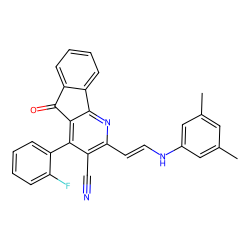 2-[(E)-2-(3,5-dimethylanilino)ethenyl]-4-(2-fluorophenyl)-5-oxo-5H-indeno[1,2-b]pyridine-3-carbonitrile structure