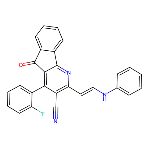 2-(2-anilinoethenyl)-4-(2-fluorophenyl)-5-oxoindeno[1,2-b]pyridine-3-carbonitrile structure