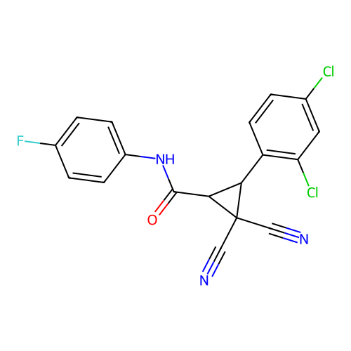2,2-dicyano-3-(2,4-dichlorophenyl)-N-(4-fluorophenyl)cyclopropane-1-carboxamide structure