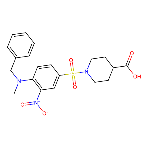 1-({4-[Benzyl(methyl)amino]-3-nitrophenyl}sulfonyl)-4-piperidinecarboxylic acid structure