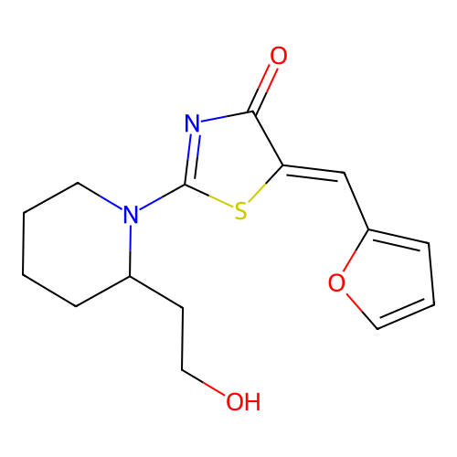 5-(Furan-2-ylmethylidene)-2-[2-(2-hydroxyethyl)piperidin-1-yl]-1,3-thiazol-4-one structure