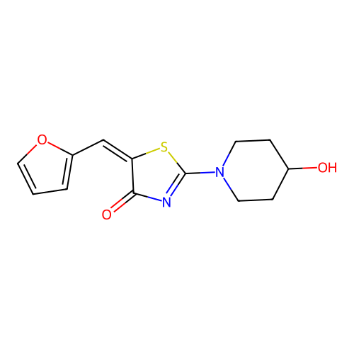 5-[(E)-2-furylmethylidene]-2-(4-hydroxypiperidino)-1,3-thiazol-4(5H)-one structure