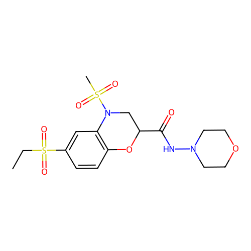 6-(ethylsulfonyl)-4-(methylsulfonyl)-N-morpholino-3,4-dihydro-2H-1,4-benzoxazine-2-carboxamide structure