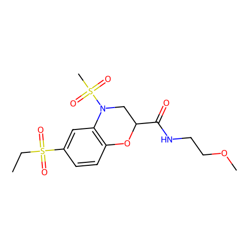 6-(ethylsulfonyl)-N-(2-methoxyethyl)-4-(methylsulfonyl)-3,4-dihydro-2H-1,4-benzoxazine-2-carboxamide structure