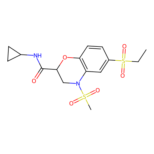 N-cyclopropyl-6-(ethylsulfonyl)-4-(methylsulfonyl)-3,4-dihydro-2H-1,4-benzoxazine-2-carboxamide structure