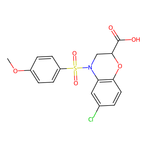 6-chloro-4-[(4-methoxyphenyl)sulfonyl]-3,4-dihydro-2H-1,4-benzoxazine-2-carboxylic acid structure