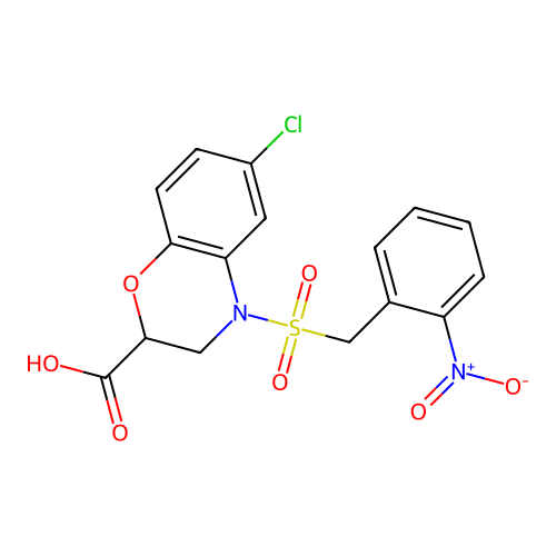 6-chloro-4-[(2-nitrobenzyl)sulfonyl]-3,4-dihydro-2H-1,4-benzoxazine-2-carboxylic acid structure