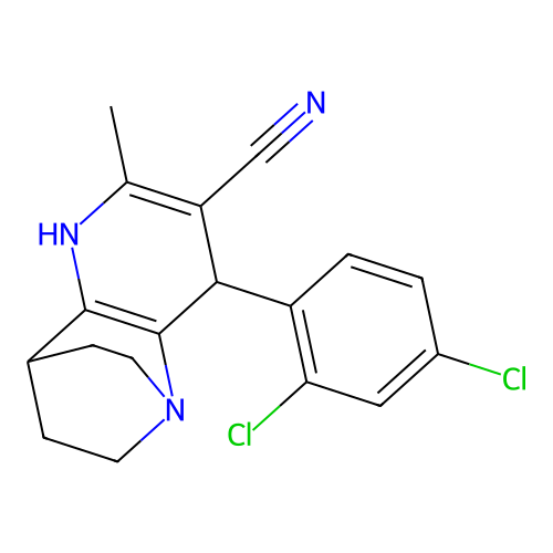 3-(2,4-dichlorophenyl)-5-methyl-1,6-diazatricyclo[6.2.2.0~2,7~]dodeca-2(7),4-diene-4-carbonitrile structure