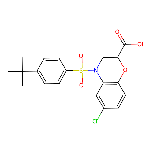 4-{[4-(tert-butyl)phenyl]sulfonyl}-6-chloro-3,4-dihydro-2H-1,4-benzoxazine-2-carboxylic acid structure