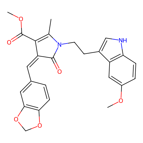 methyl 3-[(Z)-1,3-benzodioxol-5-ylmethylidene]-1-[2-(5-methoxy-1H-indol-3-yl)ethyl]-5-methyl-2-oxo-1,2-dihydro-3H-pyrrole-4-carboxylate structure
