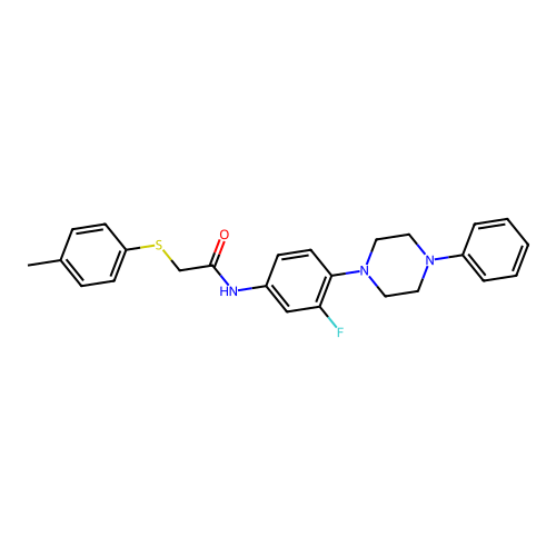 N-[3-fluoro-4-(4-phenylpiperazino)phenyl]-2-[(4-methylphenyl)sulfanyl]acetamide structure