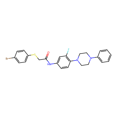 2-[(4-bromophenyl)sulfanyl]-N-[3-fluoro-4-(4-phenylpiperazino)phenyl]acetamide structure