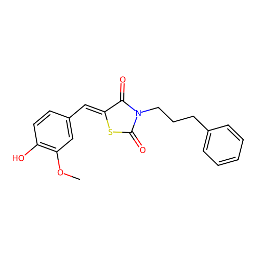 5-[(E)-(4-hydroxy-3-methoxyphenyl)methylidene]-3-(3-phenylpropyl)-1,3-thiazolane-2,4-dione structure