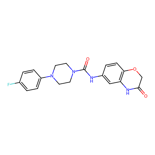 4-(4-fluorophenyl)-N-(3-oxo-3,4-dihydro-2H-1,4-benzoxazin-6-yl)tetrahydro-1(2H)-pyrazinecarboxamide structure