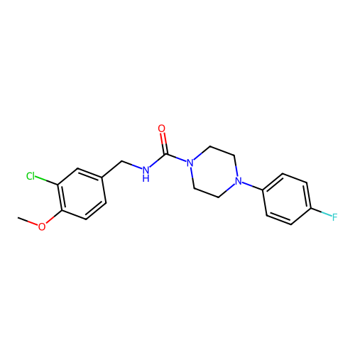 N-(3-chloro-4-methoxybenzyl)-4-(4-fluorophenyl)tetrahydro-1(2H)-pyrazinecarboxamide structure